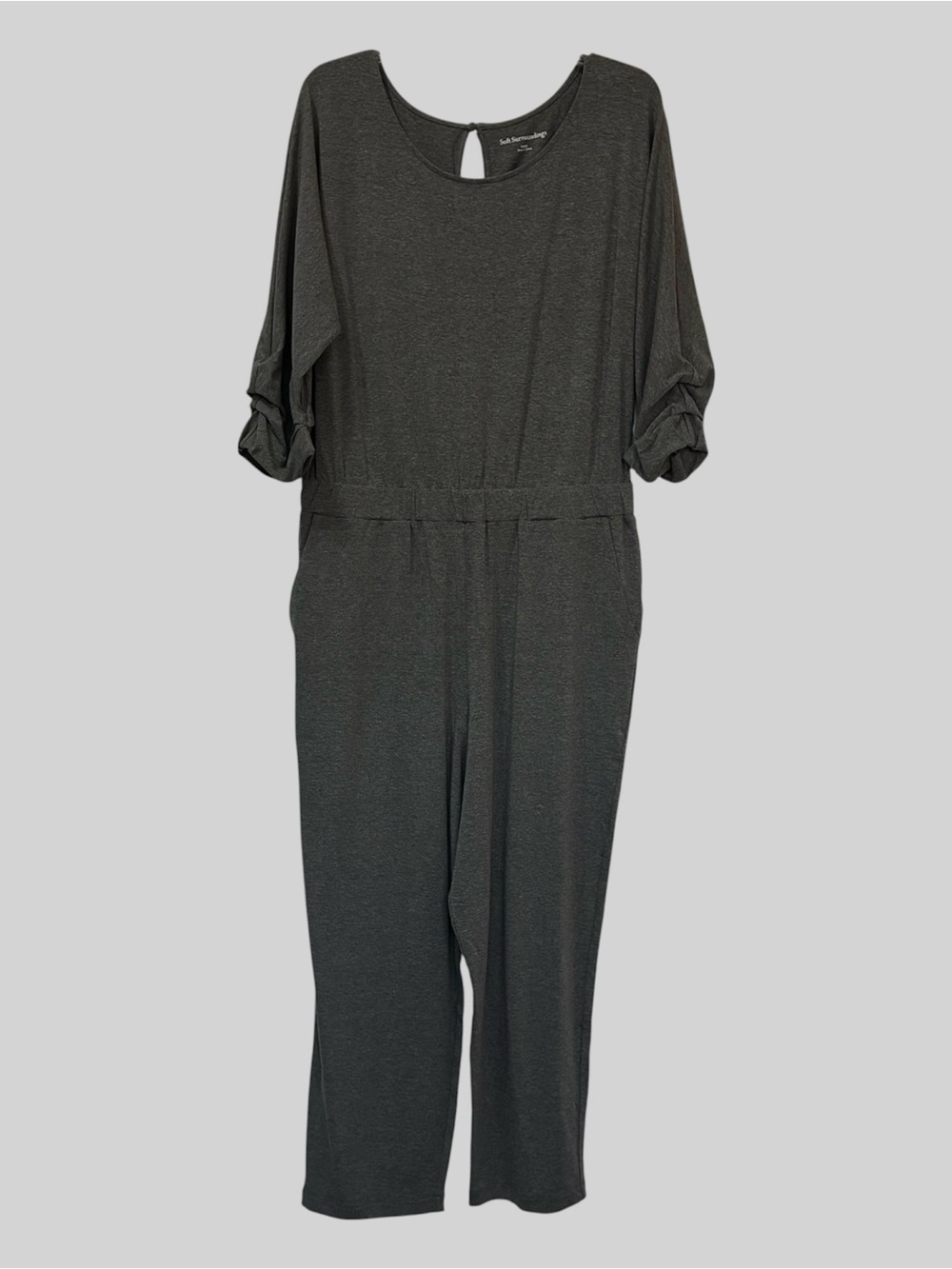Soft Surroundings Knit Jumpsuit Women’s Large Gray Ruched Sleeves Elastic Waist